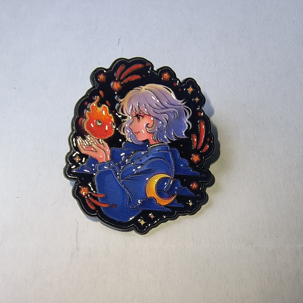 Enamel Pin Brooch — Blue Cloak Moon & Flame Design